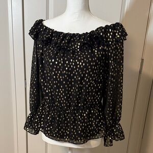 Vince Camuto Black and Gold Ruffle off shoulder Blouse